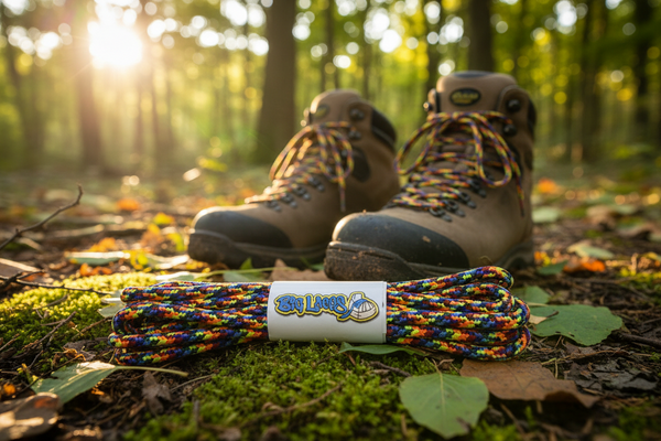 a pair of round rainbow bootlaces suitable for hiking and walking boots