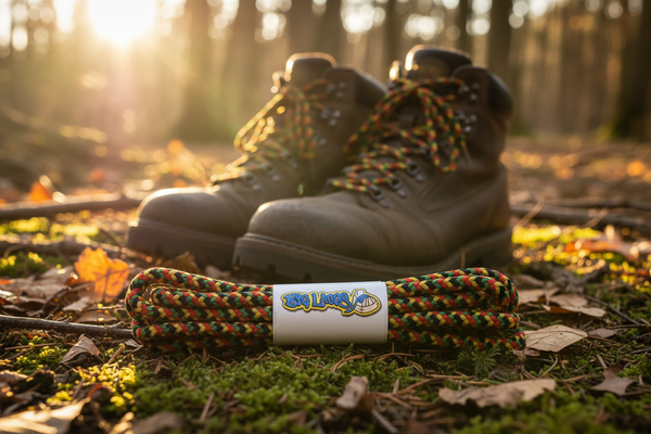 a pair of round rasta red yellow black green bootlaces suitable for hiking and walking boots
