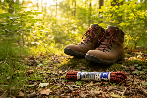 a pair of red and black bootlaces for walking or hiking boots