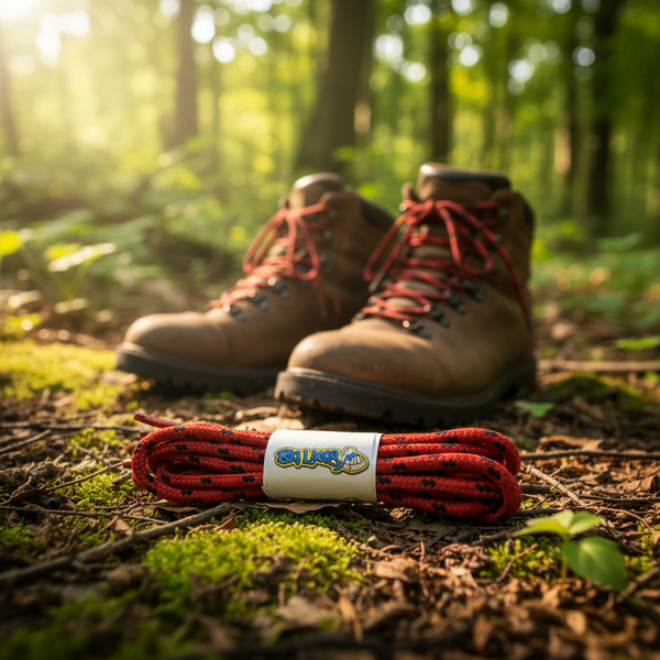 a pair of round red bootlaces with black flecks suitable for hiking and walking boots