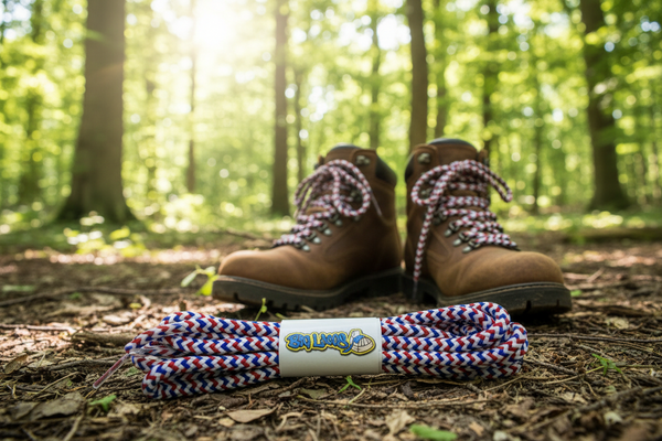 a pair of round red white and blue bootlaces suitable for hiking and walking boots
