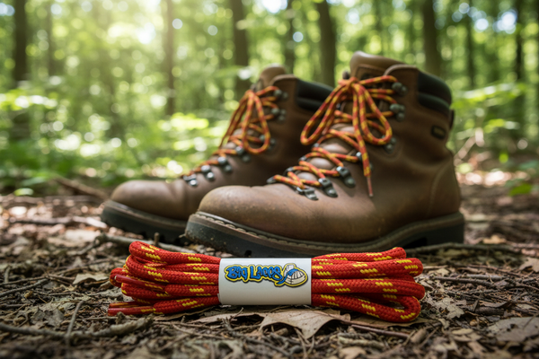 a pair of red bootlaces with yellow flecks suitable for hiking and walking boots
