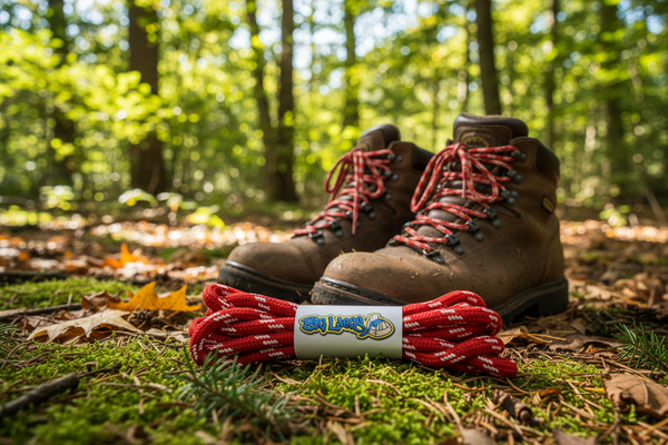 a pair of round red bootlaces with white flecks suitable for hiking and walking boots
