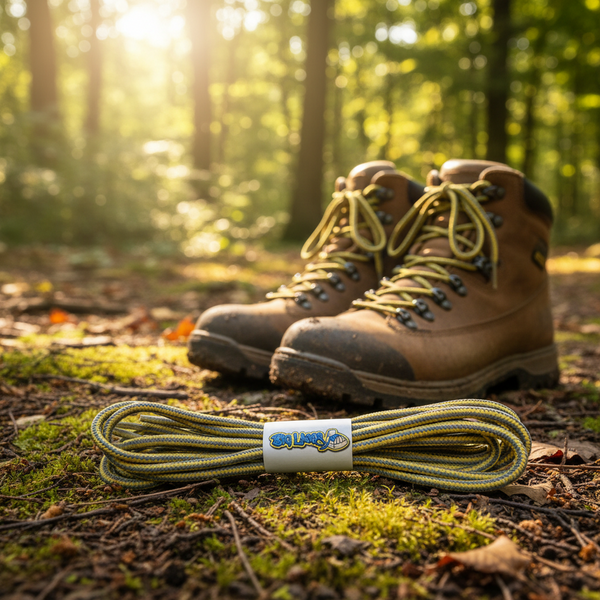 a pair of reflective yellow bootlaces suitable for walking or hiking boots or cycling shoes