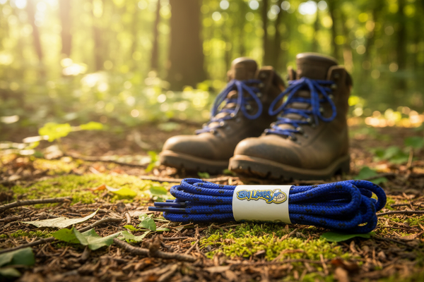 a pair of royal blue bootlaces with black flecks suitable for hiking and walking boots
