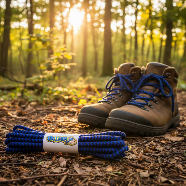a pair of round black and blue bootlaces suitable for hiking and walking boots
