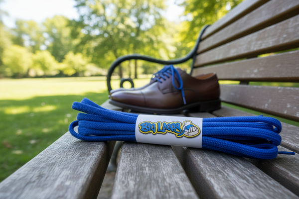 a pair of round royal blue cotton shoelaces
