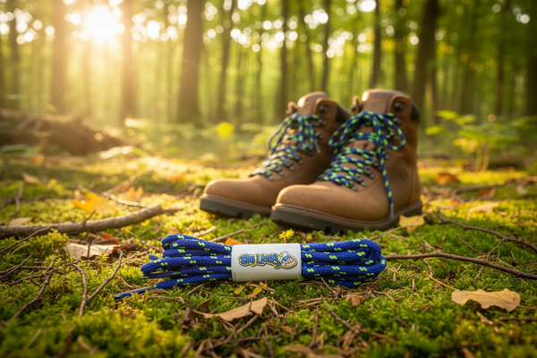 a pair of round royal blue bootlaces with lime green flecks suitable for hiking and walking boots