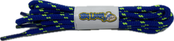 a pair of round royal blue bootlaces with lime green flecks suitable for hiking and walking boots