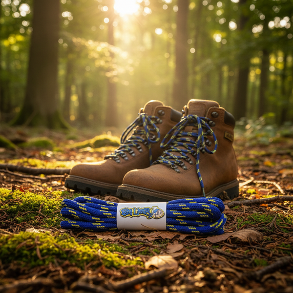 a pair of royal blue bootlaces with yellow flecks suitable for hiking and walking boots