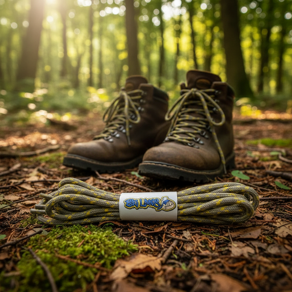 a pair of taupe bootlaces with yellow flecks suitable for hiking and walking boots
