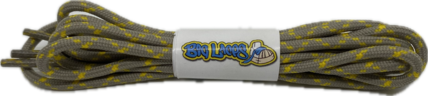a pair of taupe bootlaces with yellow flecks suitable for hiking and walking boots