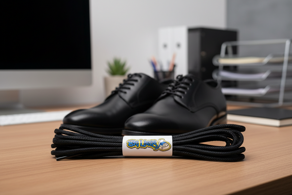 a pair of round black waxed cotton shoelaces