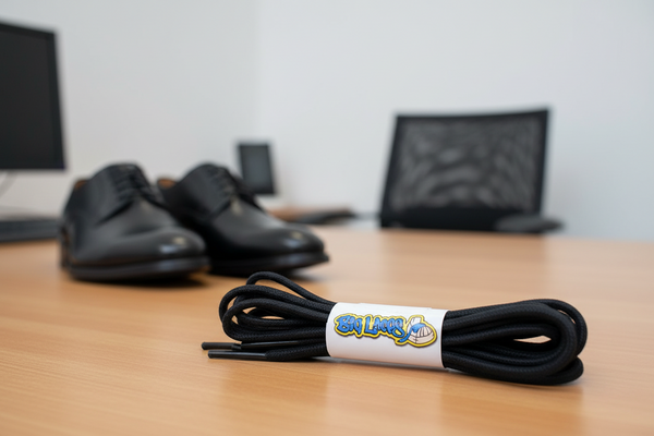 a pair of round black waxed cotton shoelaces