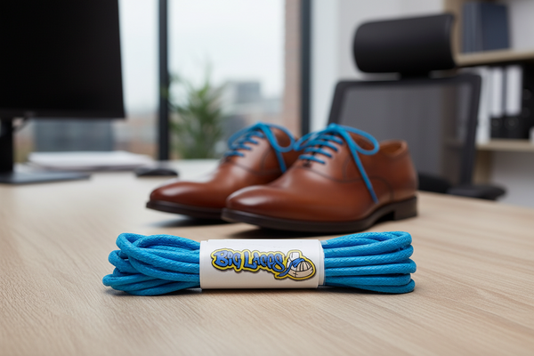a pair of round bright blue waxed cotton shoelaces
