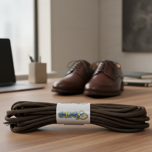 a pair of round brown waxed cotton shoelaces
