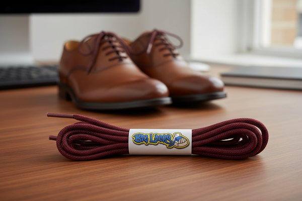 a pair of round burgundy waxed cotton shoelaces