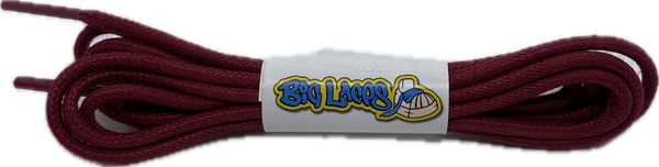 a pair of round burgundy waxed cotton shoelaces