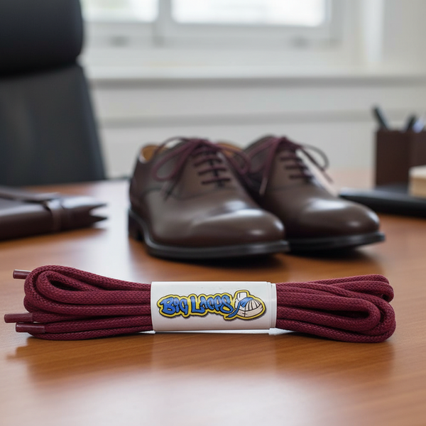 a pair of round burgundy waxed cotton shoelaces
