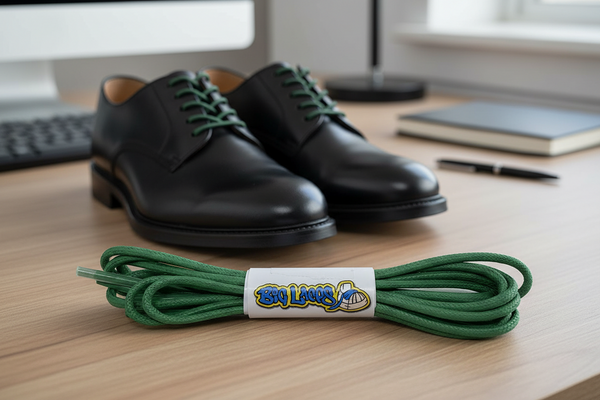 a pair of round green waxed cotton shoelaces
