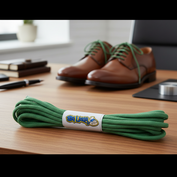 a pair of round green waxed cotton shoelaces