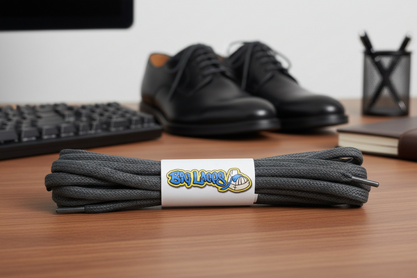 a pair of round grey waxed cotton shoelaces