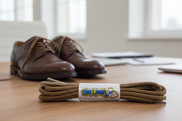 a pair of round light brown waxed cotton shoelaces

