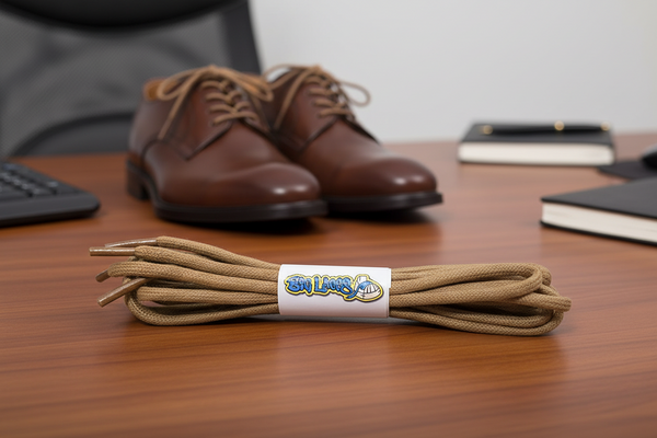 a pair of round light brown waxed cotton shoelaces