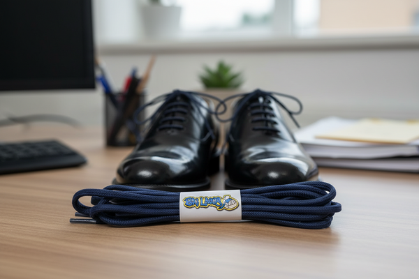 a pair of round navy blue waxed cotton shoelaces