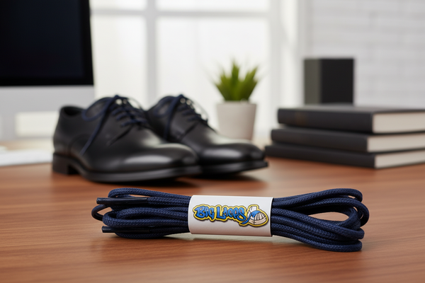 a pair of round navy blue waxed cotton shoelaces

