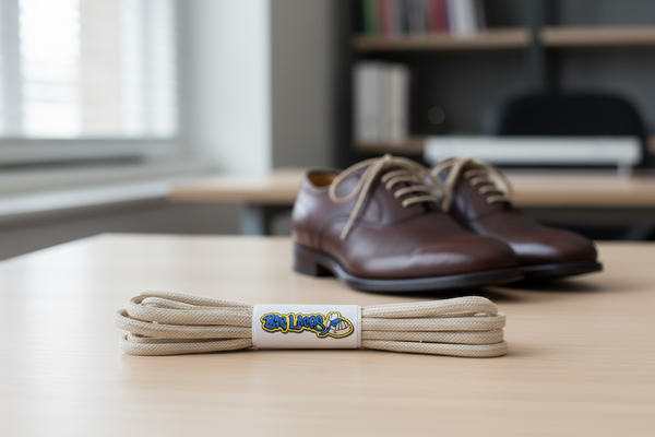 a pair of round oatmeal beige waxed cotton shoelaces