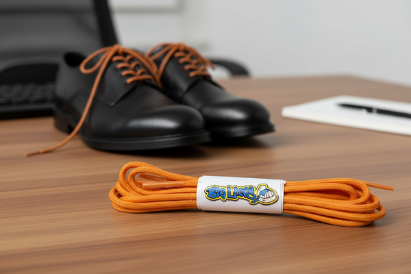 a pair of round orange waxed cotton shoelaces