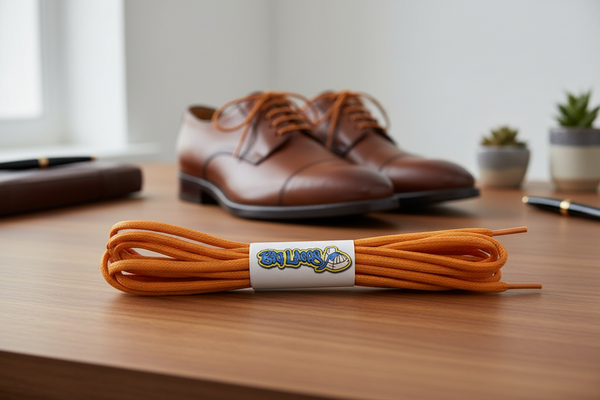 a pair of round orange waxed cotton shoelaces