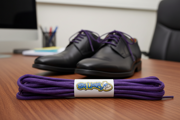 a pair of round purple waxed cotton shoelaces