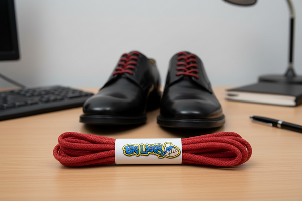 a pair of round red waxed cotton shoelaces

