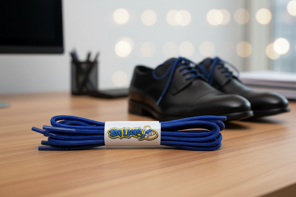 a pair of round royal blue waxed cotton shoelaces
