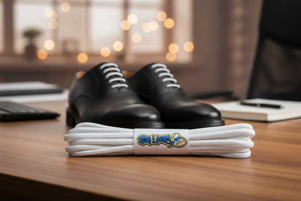 a pair of round white waxed cotton shoelaces