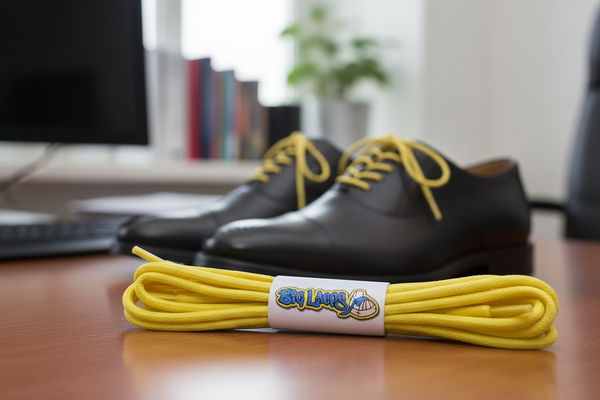 a pair of round yellow waxed cotton shoelaces
