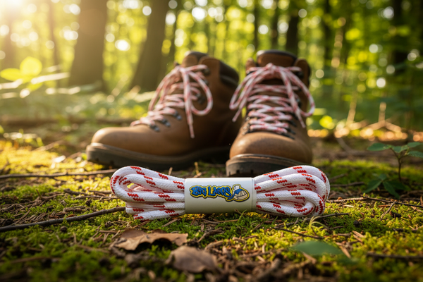 a pair of white bootlaces with red flecks suitable for hiking and walking boots