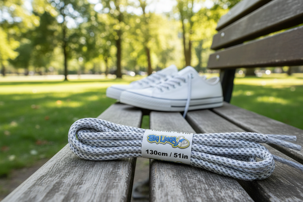 a pair of rope style 5mm wide white shoelaces with a reflective weave