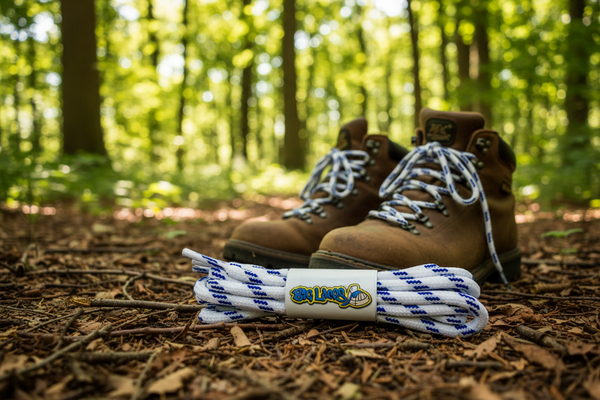a pair of white bootlaces with royal blue flecks suitable for hiking and walking boots
