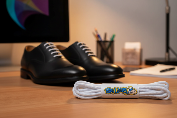 a pair of round white shoelaces for formal dress shoes