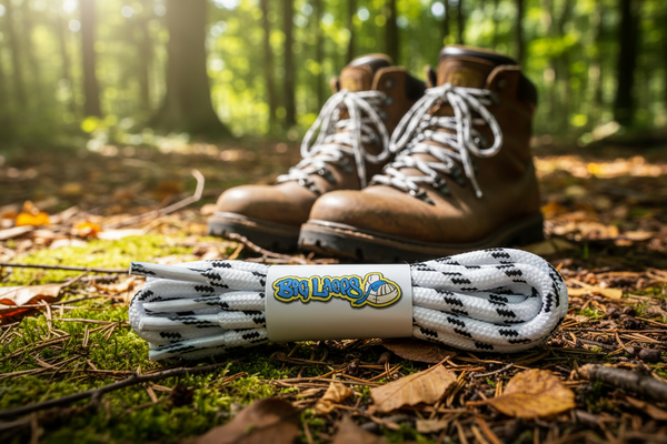a pair of round white bootlaces with black flecks suitable for hiking and walking boots