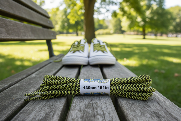 a pair of rope style 5mm wide yellow and black shoelaces