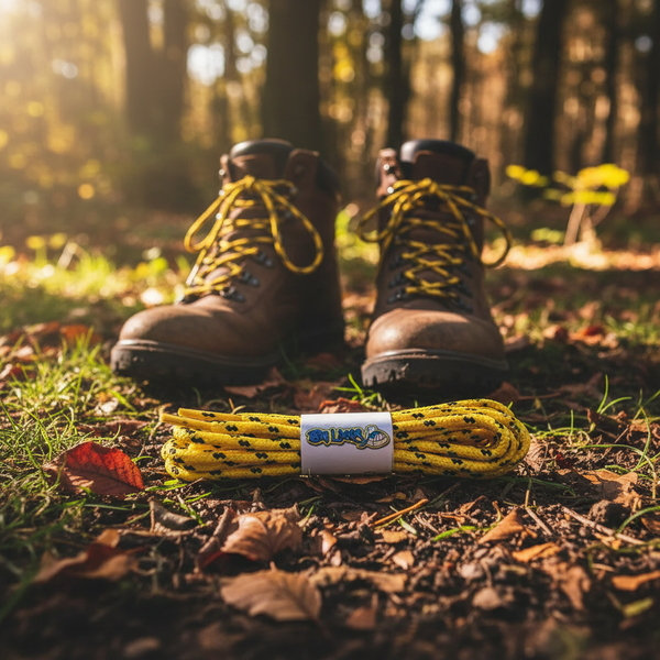 a pair of round yellow bootlaces with black flecks suitable for hiking and walking boots
