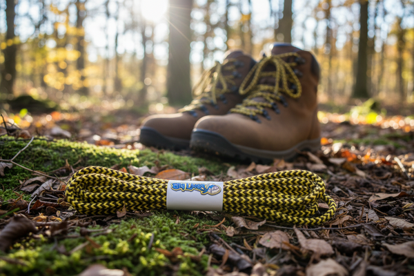a pair of round yellow and brown bootlaces suitable for hiking and walking boots