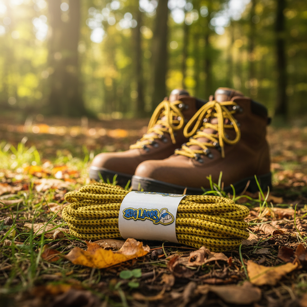 a pair of yellow bootlaces with brown pinpoints suitable for hiking and walking boots