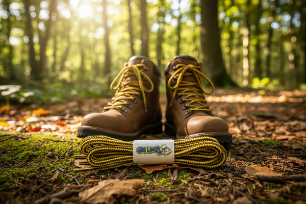 a pair of round yellow and brown bootlaces suitable for hiking and walking boots