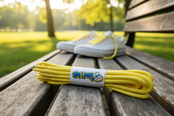 a pair of round yellow cotton shoelaces