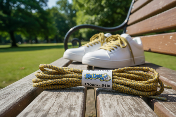 a pair of rope style 5mm wide yellow gold shoelaces with a reflective weave